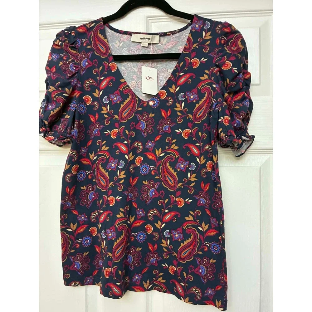 LOFT‎ Top Womens XXS Navy Paisley Floral V-Neck Puff Sleeve Cotton